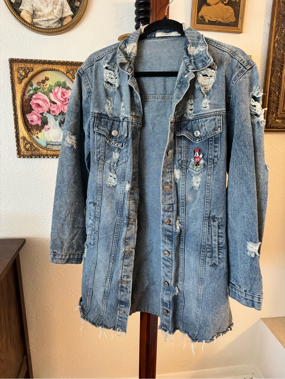 Distressed Light Blue Denim Jacket with Minnie Mouse Patch